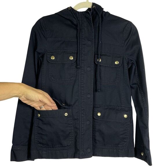 J. Crew Factory Women's Cotton Utility Jacket XXS Navy Blue With Hood & Pockets - Picture 9 of 11
